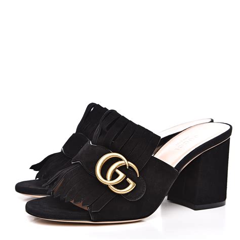 gucci suede mid-heel pump|Gucci marmont fringe heels.